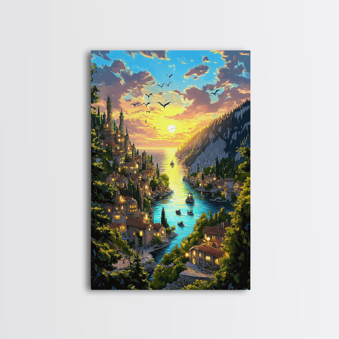 Glowing River Valley Castle Village Canvas Print, Fantasy Landscape Wall Art For Cozy Living Room Decor Housewarming Gift