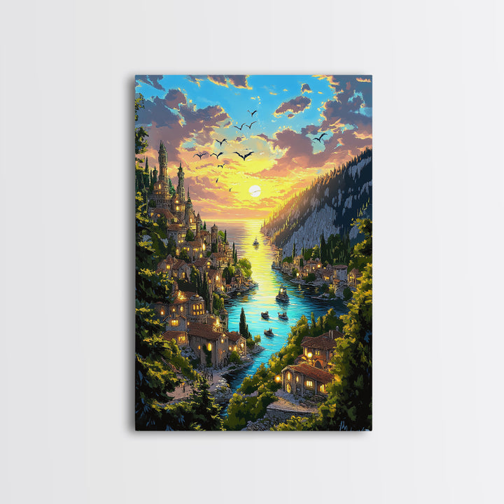 Glowing River Valley Castle Village Canvas Print, Fantasy Landscape Wall Art For Cozy Living Room Decor Housewarming Gift