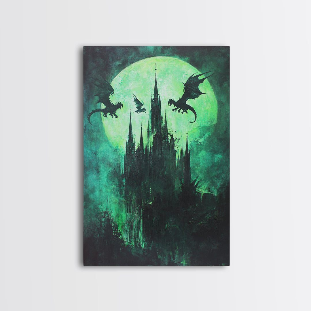Green Moon Dragon Castle Framed Canvas Print, Gothic Dark Fantasy Wall Art For Moody Bedroom Decor Halloween Gift For Him