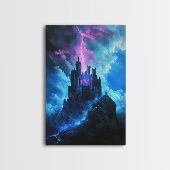 Stormy Gothic Castle With Purple Lightning Canvas Print, Dark Fantasy Wall Art For Moody Bedroom And Office Decor Gift For Him