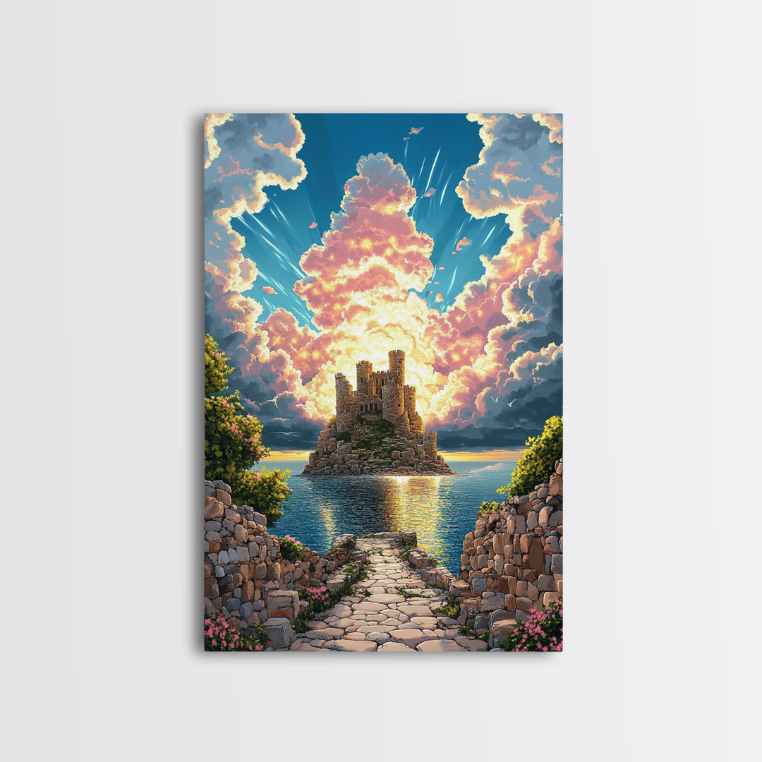 Island Castle Ruins Under Radiant Clouds Canvas Print, Coastal Fantasy Wall Art For Living Room Home Decor Housewarming Gift