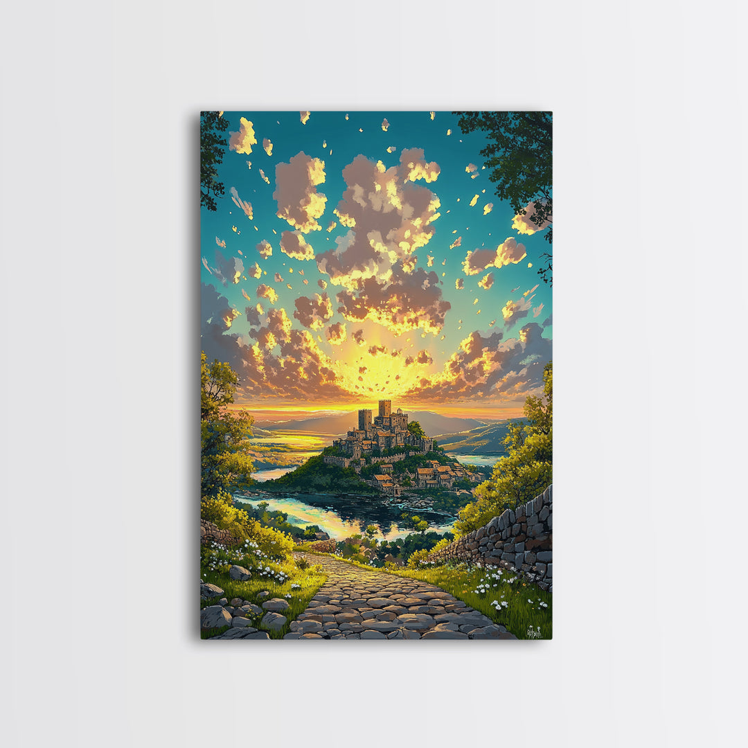 Sunrise Hilltop Castle Village Stone Path Canvas Print, Fantasy Landscape Wall Art For Living Room Decor Housewarming Gift