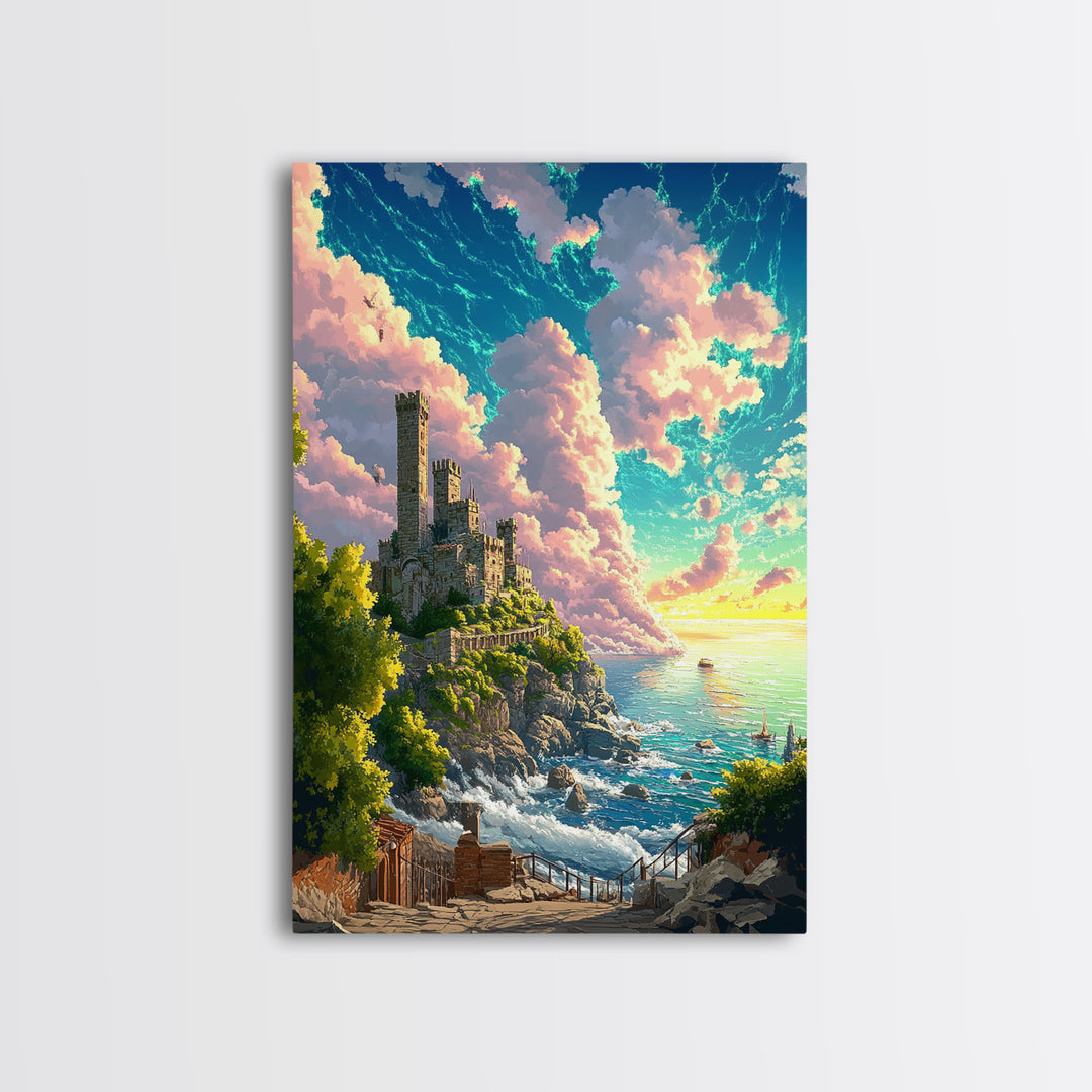Sunlit Coastal Castle By Turquoise Sea Wall Art, Fantasy Landscape Print, Ocean Cliff Decor, Large Canvas Home Decor, Gift