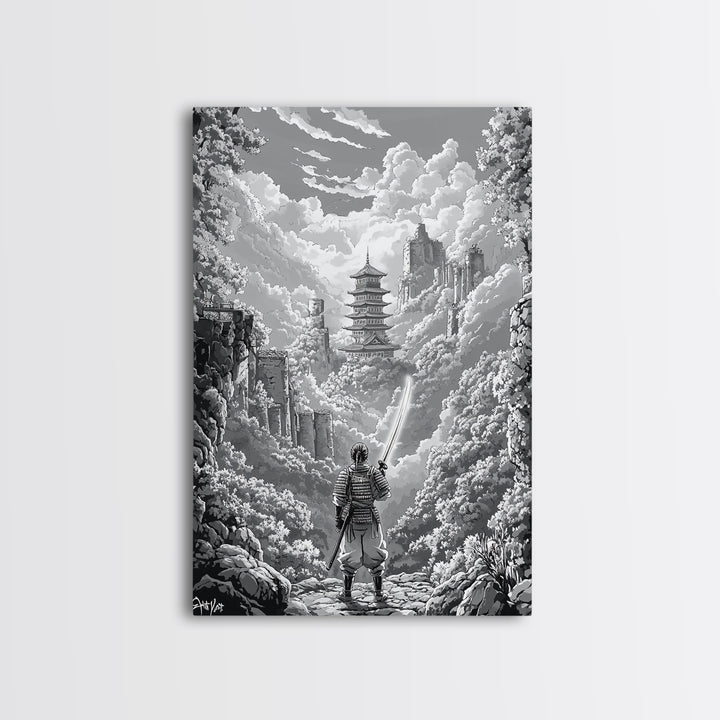 Black And White Samurai Temple Wall Art, Japanese Pagoda Fantasy Print, Monochrome Landscape, Framed Canvas Print, Home Decor