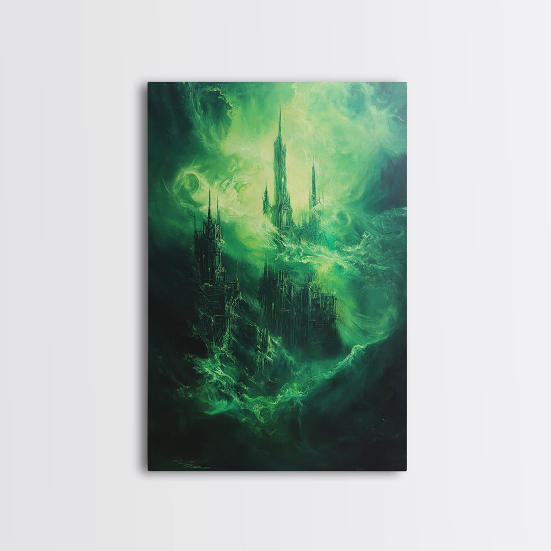 Emerald Gothic Floating Castle Large Canvas Print, Dark Fantasy Wall Art, Surreal Green Cityscape, Moody Home Decor Gift