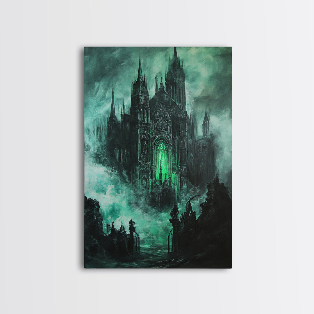 Haunted Gothic Cathedral In Emerald Mist Wall Art, Dark Academia Decor, Fantasy Architecture, Moody Framed Canvas Print, Gift