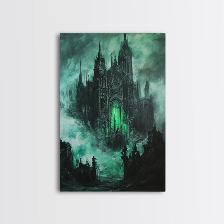 Haunted Gothic Cathedral In Emerald Mist Wall Art, Dark Academia Decor, Fantasy Architecture, Moody Framed Canvas Print, Gift