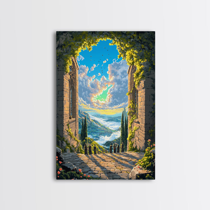 Sunlit Stone Archway Over Mountain Valley Wall Art, Italian Landscape Print, Garden Ruins Decor, Large Framed Canvas Print