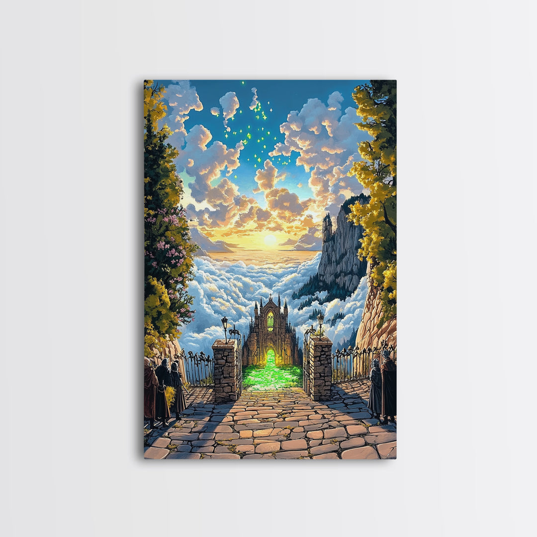 Glowing Cathedral Gate Above Cloud Sea Wall Art, Fantasy Landscape Print, Celestial Castle Decor, Large Framed Canvas Print