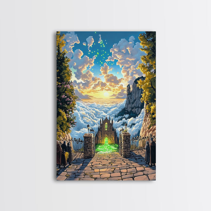 Glowing Cathedral Gate Above Cloud Sea Wall Art, Fantasy Landscape Print, Celestial Castle Decor, Large Framed Canvas Print