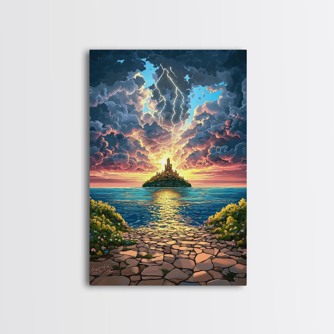 Lightning Over Island Tower At Sunset Wall Art, Dramatic Ocean Seascape Print, Fantasy Coastal Decor, Framed Canvas Print