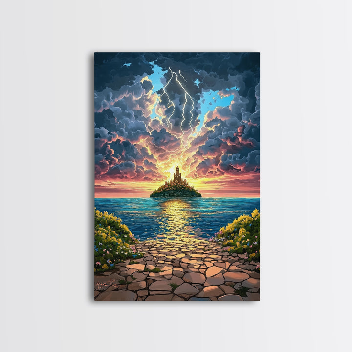 Lightning Over Island Tower At Sunset Wall Art, Dramatic Ocean Seascape Print, Fantasy Coastal Decor, Framed Canvas Print