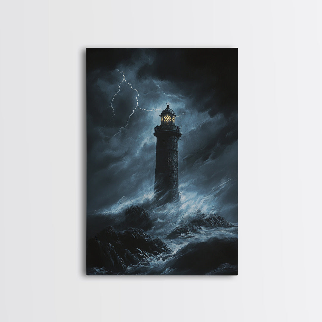 Stormy Lighthouse In Moonlit Waves Wall Art, Dark Coastal Seascape Print, Nautical Ocean Decor, Large Framed Canvas Print