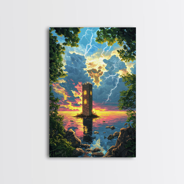 Lightning Struck Sea Tower At Sunset Canvas Print, Fantasy Coastal Wall Art, Stormy Ocean Decor, Large Framed Canvas Print