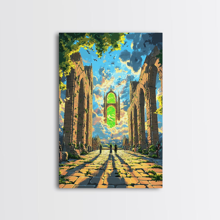 Sunlit Ruined Cathedral Portal Canvas Print, Fantasy Wall Art, Gothic Architecture, Mystical Landscape, Living Room Decor