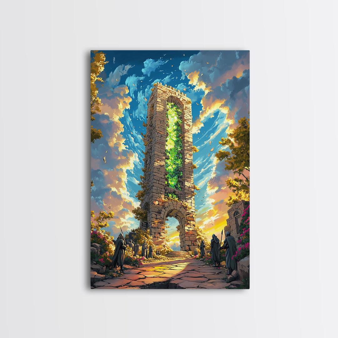 Glowing Stone Tower Gate Framed Canvas Print, Fantasy Wall Art, Gothic Ruins, Magical Landscape, Statement Home Decor, Living Room Art