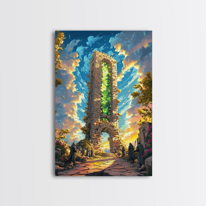 Glowing Stone Tower Gate Framed Canvas Print, Fantasy Wall Art, Gothic Ruins, Magical Landscape, Statement Home Decor, Living Room Art