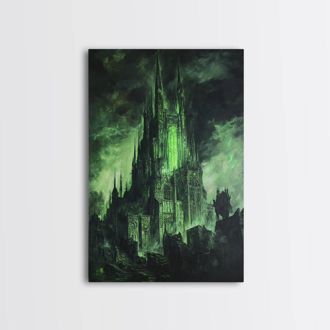 Dark Green Gothic Cathedral Wall Art, Fantasy Castle Print, Dark Academia Decor, Moody Wall Decor, Gothic Canvas Print, Mystical Art