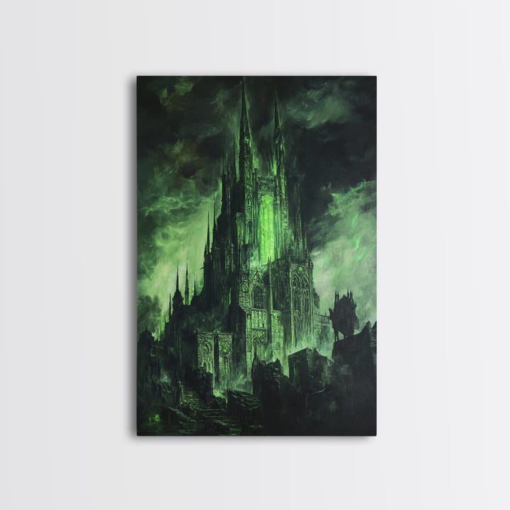 Dark Green Gothic Cathedral Wall Art, Fantasy Castle Print, Dark Academia Decor, Moody Wall Decor, Gothic Canvas Print, Mystical Art