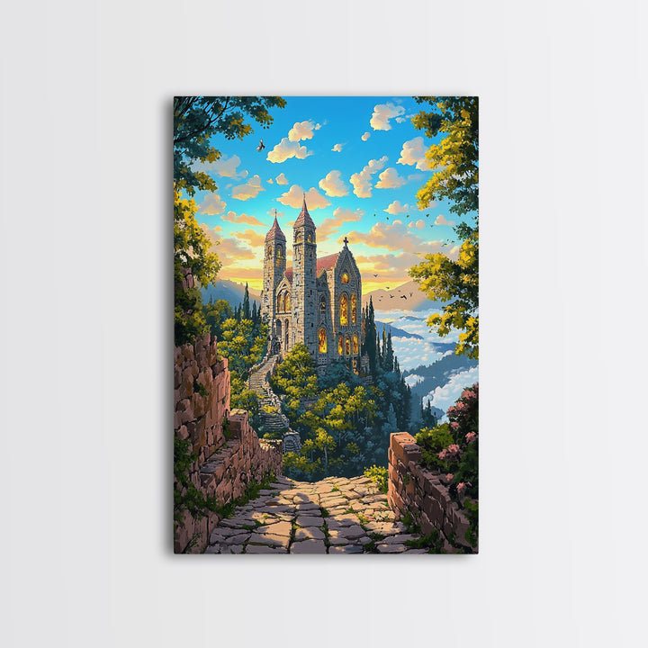 Stone Hilltop Abbey Framed Canvas Print, Fantasy Landscape Wall Art, Gothic Architecture, Nature Decor, Living Room Art, Home Decor