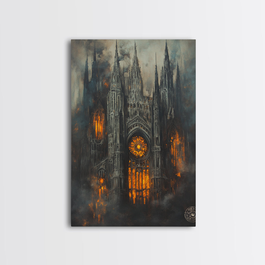 Burning Gothic Cathedral Canvas Print, Dark Fantasy Wall Art, Moody Architecture, Dark Academia Decor, Statement Artwork