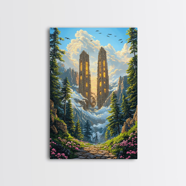 Twin Mountain Towers Canvas Print, Snowy Fantasy Landscape Wall Art, Pine Forest Decor, Large Wall Art, Living Room Decor