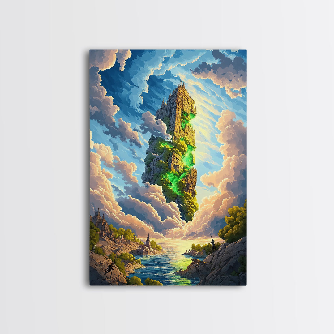 Floating Stone Tower Canvas Print, Magical Sky Island Wall Art, Fantasy Landscape, Coastal Decor, Statement Home Decor, Large Art