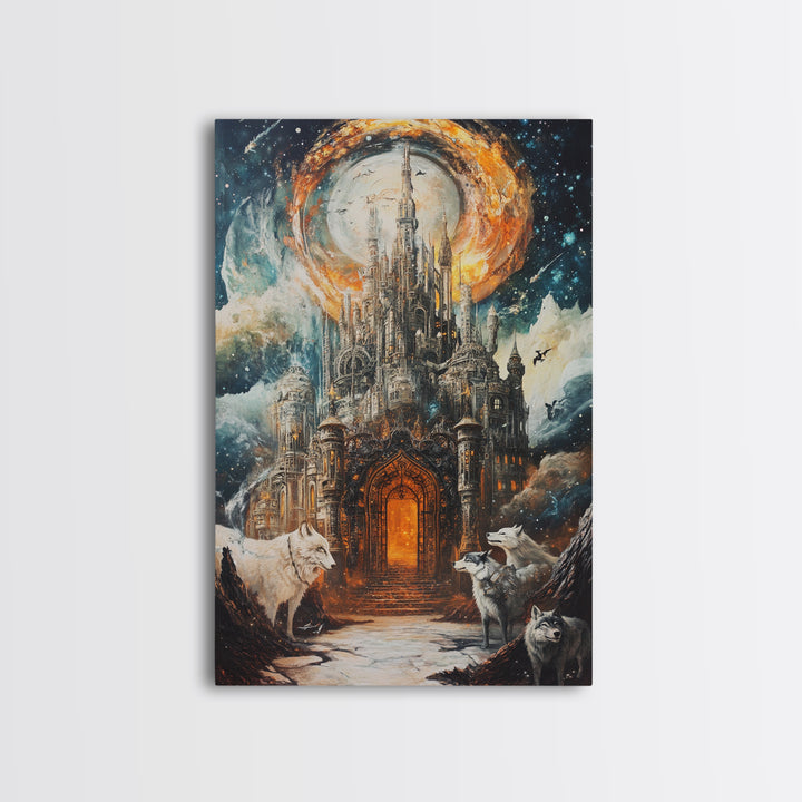 Gothic Moon Castle With Wolves Canvas Print, Fantasy Wall Art, Dark Academia Decor, Mystical Landscape, Gothic Home Decor