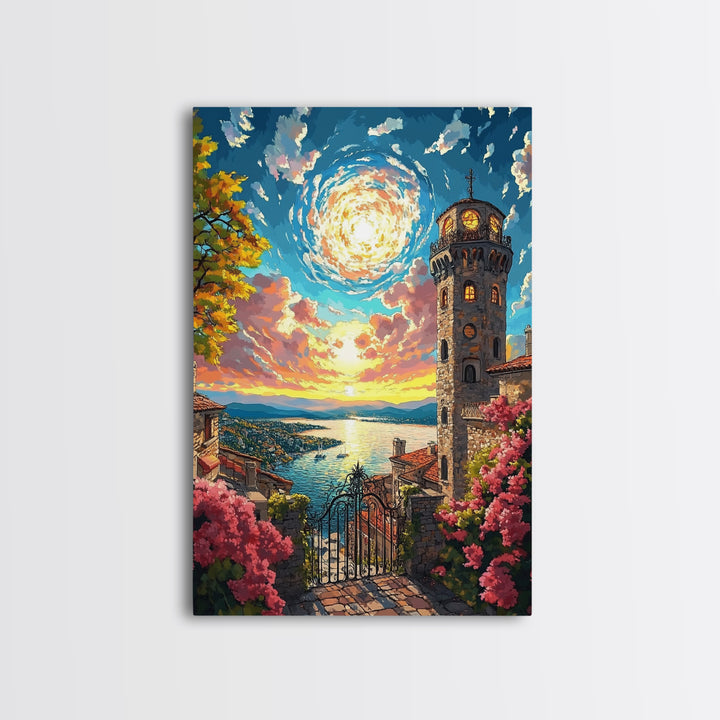 Lake Como Sunset Tower Canvas Print, Italian Coastal Wall Art, Mediterranean Decor, Travel Poster, Elegant Living Room Decor