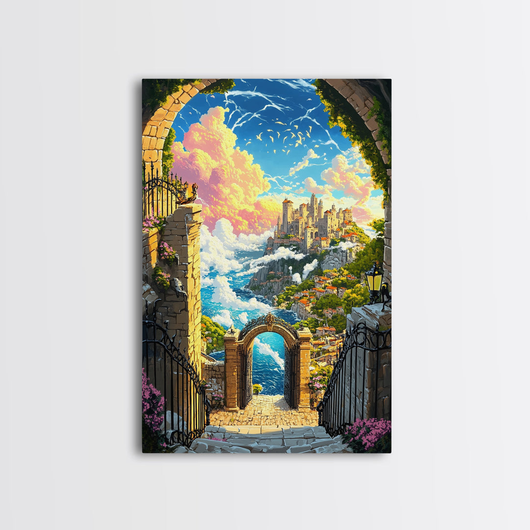 Clifftop Castle Gateway Canvas Print, Fantasy Coastal Wall Art, Whimsical Landscape, Storybook Decor, Large Art Print, Home Decor