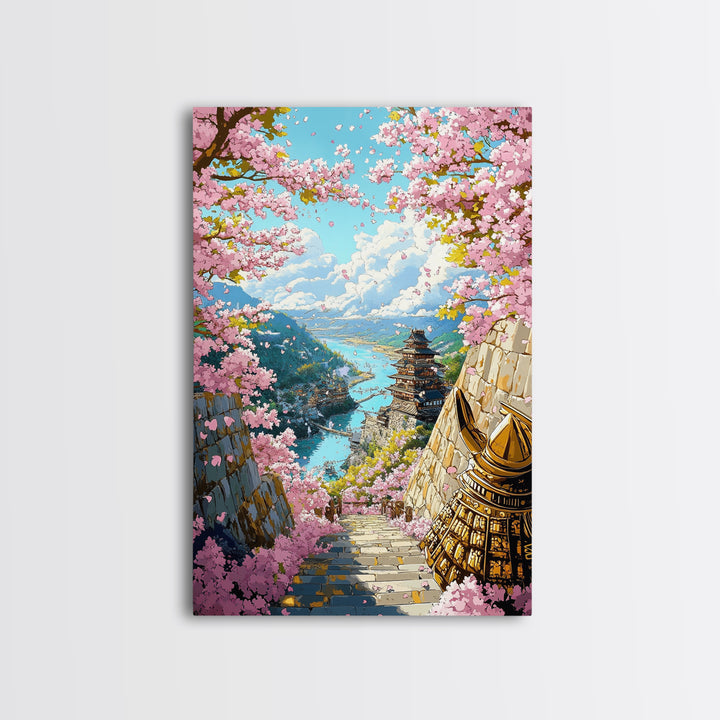 Cherry Blossom Pagoda Stairway Canvas Print, Japanese Wall Art, Samurai Decor, Spring Landscape, Zen Home Decor, Living Room Decor