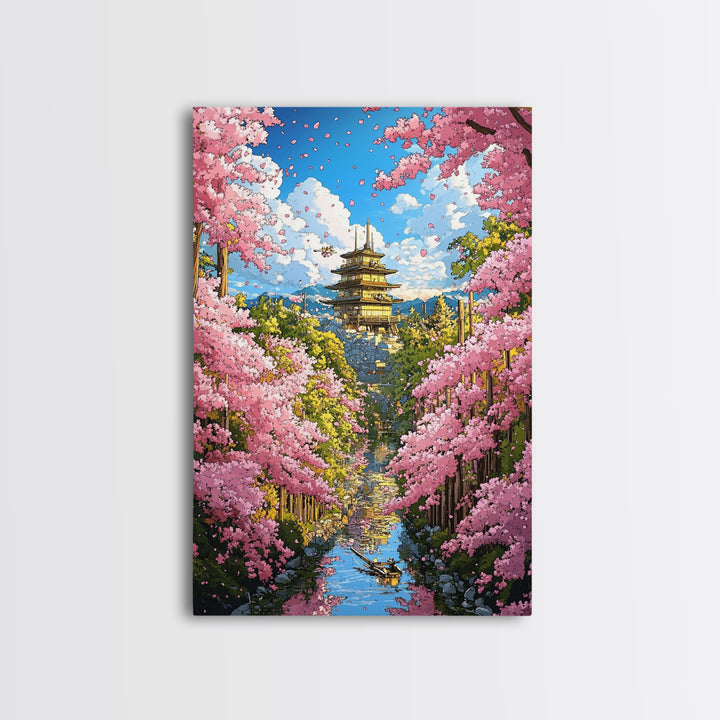Cherry Blossom Temple Canal Canvas Print, Japanese Wall Art, Spring Landscape, Zen Garden Decor, Colorful Living Room Art