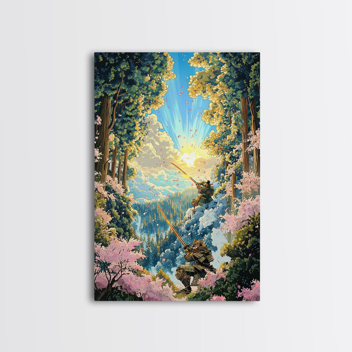 Samurai Forest Duel Canvas Print, Japanese Wall Art, Fantasy Landscape, Cherry Blossom Decor, Warrior Art, Adventure Poster