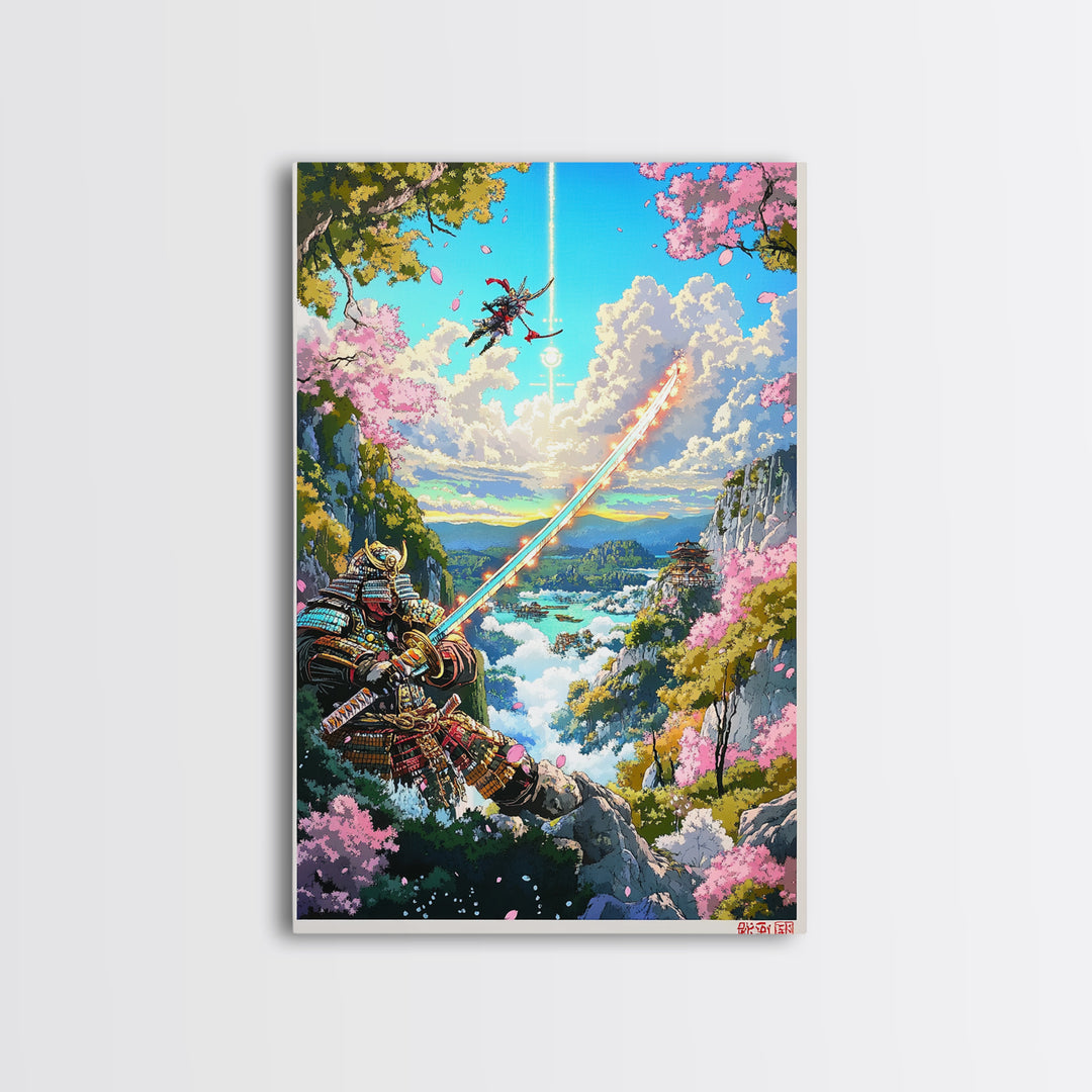 Glowing Sword Samurai Canvas Print, Japanese Wall Art, Fantasy Landscape, Cherry Blossom Decor, Warrior Art, Gaming Room Art