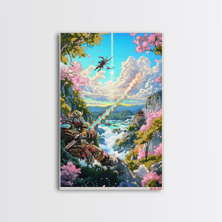 Glowing Sword Samurai Canvas Print, Japanese Wall Art, Fantasy Landscape, Cherry Blossom Decor, Warrior Art, Gaming Room Art