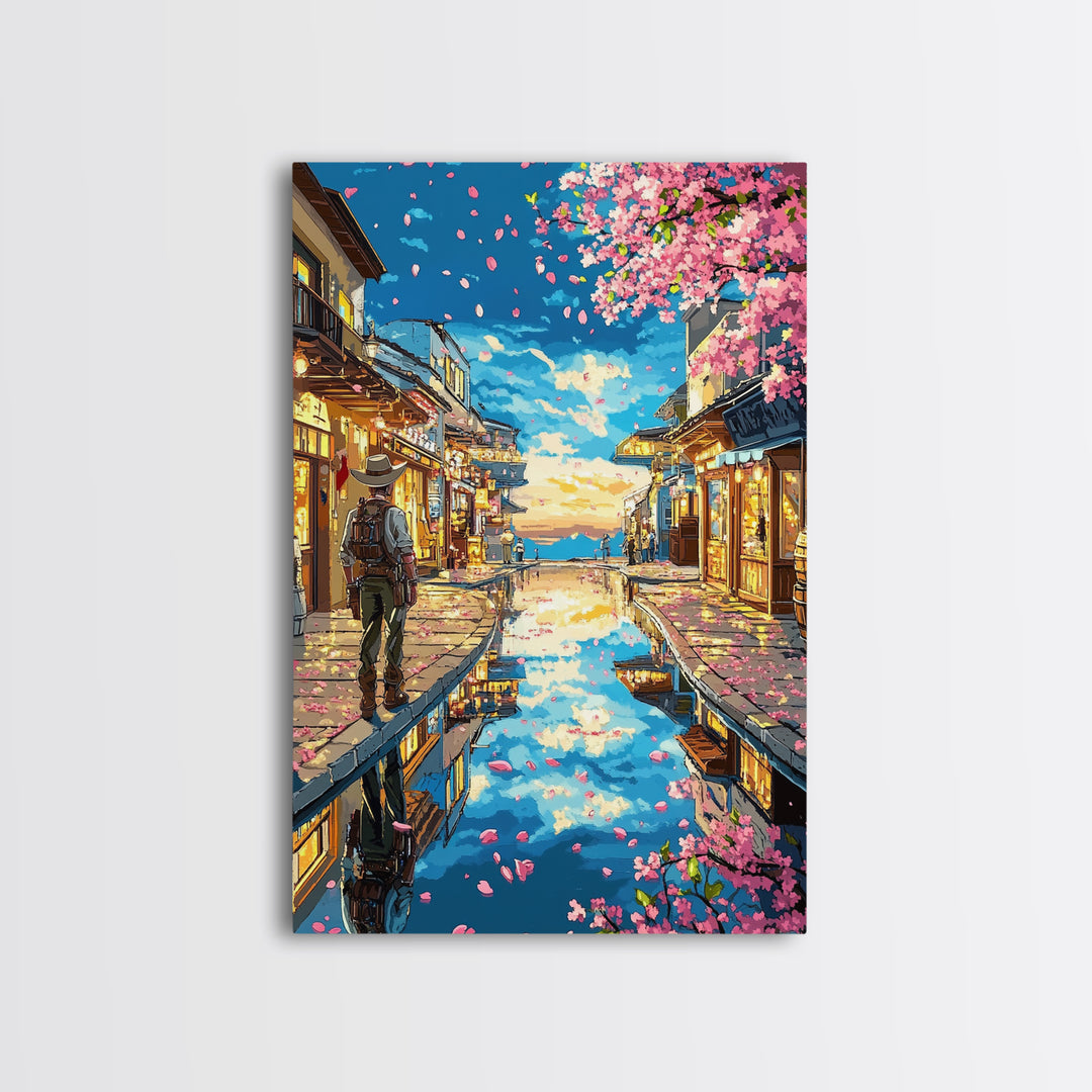 Cherry Blossom Canal Street Canvas Print, Japanese Wall Art, Kyoto Travel Poster, Reflective Water, Cozy Shop Decor, Home Decor