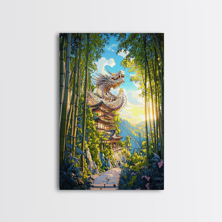 Sunlit Dragon Temple Bamboo Forest Wall Art, Japanese Fantasy Decor, Pagoda Landscape Print, Mystical Asian Home Decor Gift