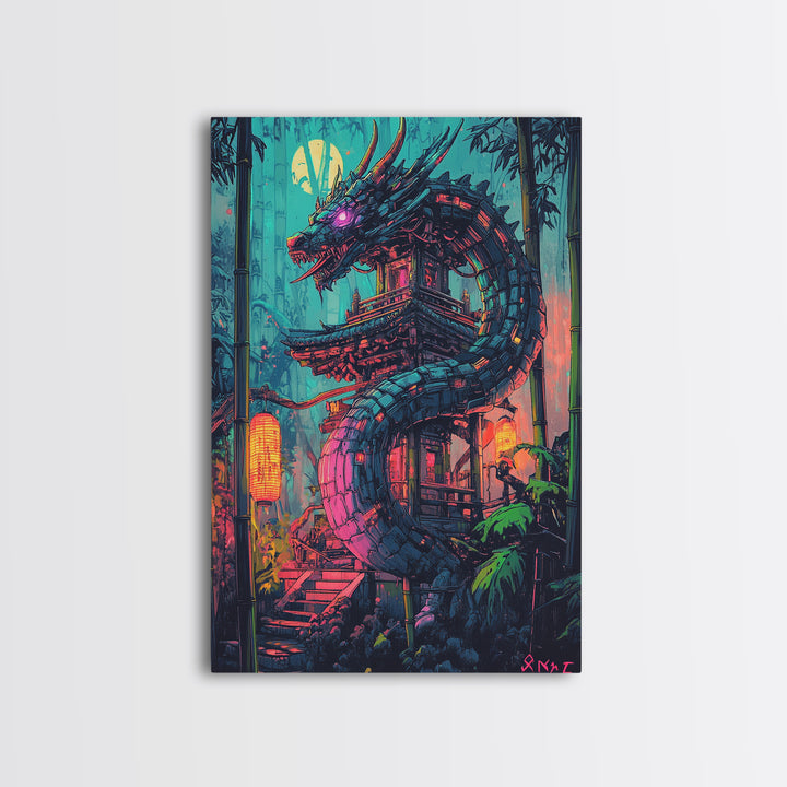 Neon Dragon Pagoda In Moonlit Bamboo Wall Art, Cyberpunk Japanese Fantasy Print, Dark Asian Decor, Gaming Room Poster Gift
