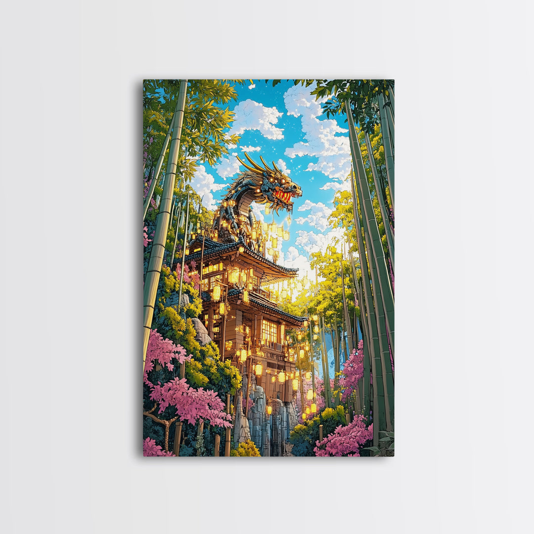 Golden Dragon Pagoda With Cherry Blossoms Canvas Print, Japanese Wall Art, Fantasy Landscape, Asian Home Decor Gift For Her
