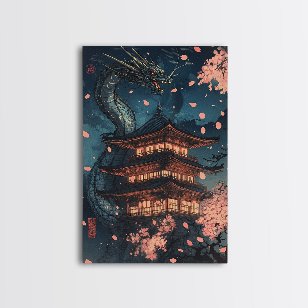 Moonlit Dragon Pagoda With Sakura Petals Framed Canvas Print, Japanese Wall Art, Dark Fantasy Decor, Cherry Blossom Poster
