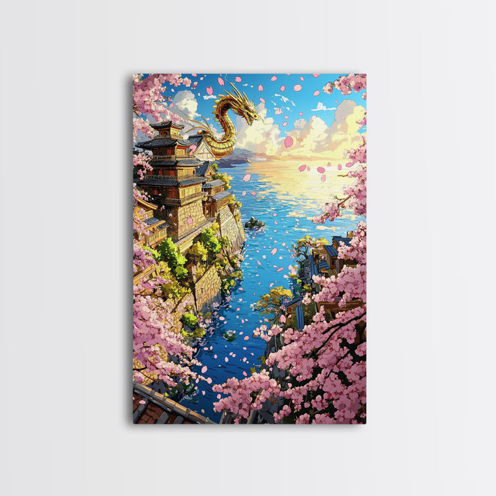 Golden Dragon Over Cherry Blossom Coastal Village Wall Art, Japanese Fantasy Seascape, Ocean Wall Decor Gift, Travel Poster
