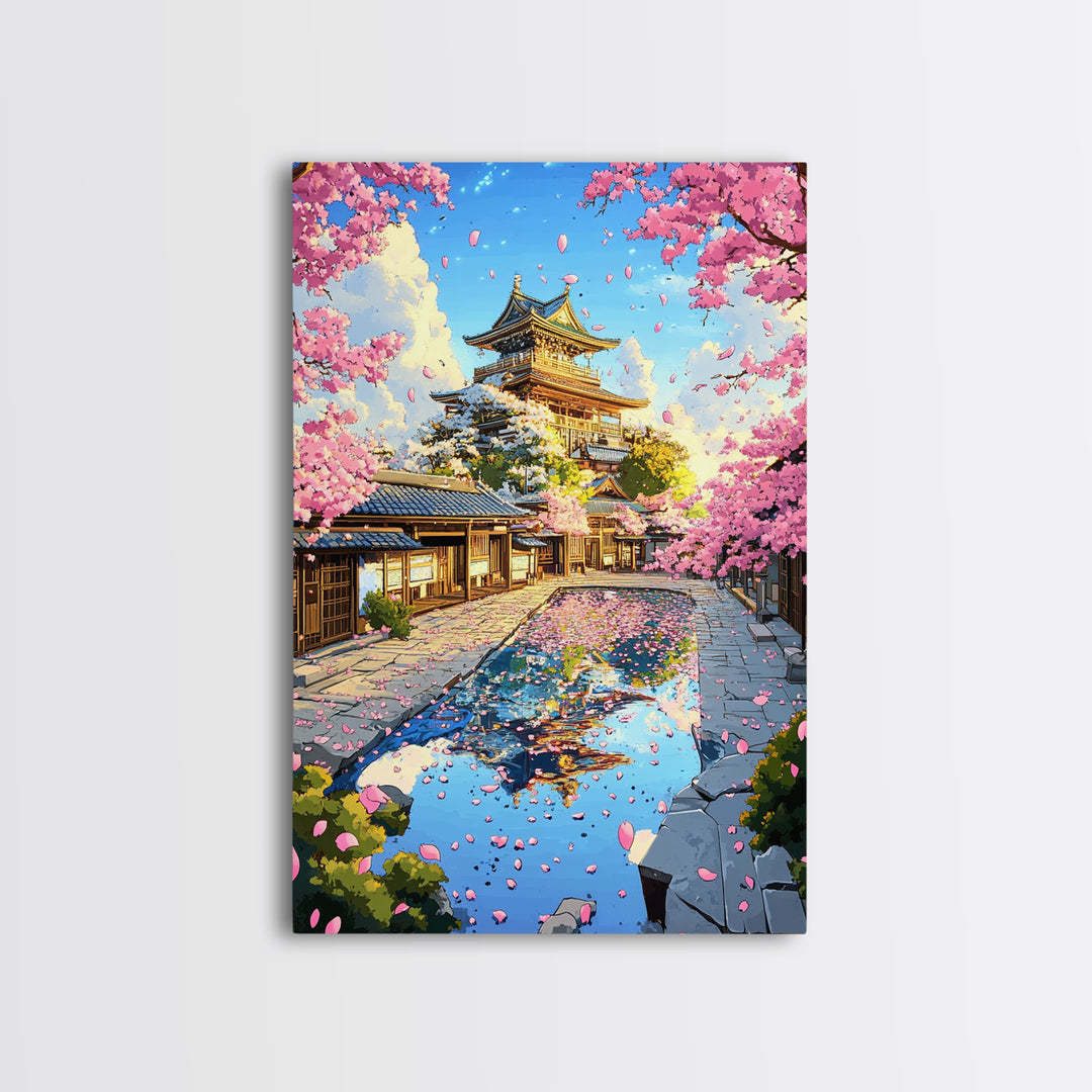 Cherry Blossom Castle Courtyard Reflection Canvas Print, Japanese Wall Art, Spring Landscape Decor, Pink Floral Art Gift