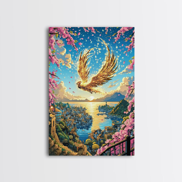 Golden Phoenix Over Harbor At Sunset Wall Art, Cherry Blossom Fantasy Print, Japanese Coastal Decor, Mythical Bird Poster