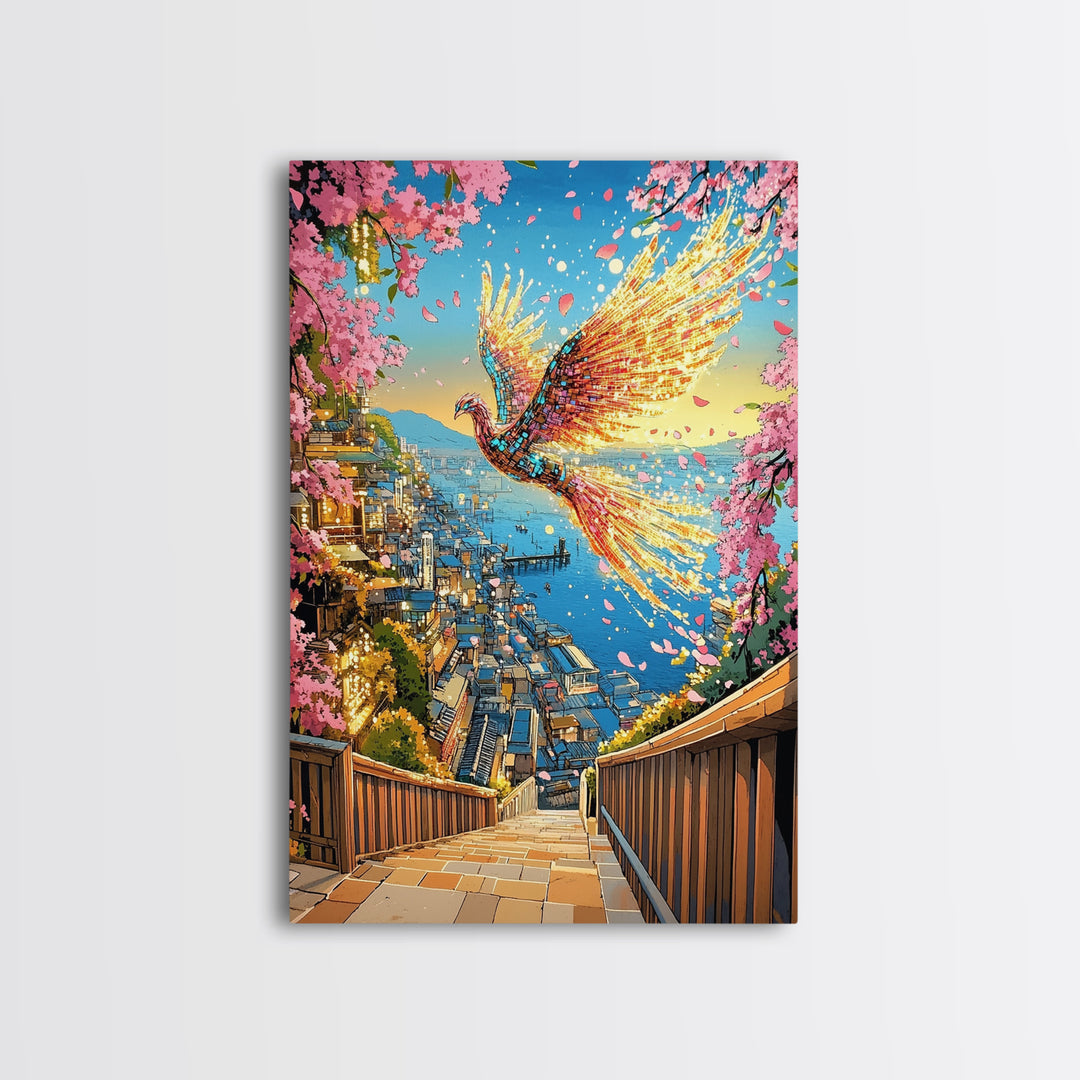 Fiery Phoenix Above Harbor Stairs Canvas Print, Cherry Blossom Japanese Wall Art, Vibrant Coastal Decor, Fantasy Gift For Her