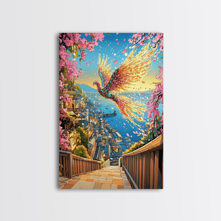 Fiery Phoenix Above Harbor Stairs Canvas Print, Cherry Blossom Japanese Wall Art, Vibrant Coastal Decor, Fantasy Gift For Her
