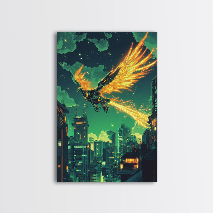 Glowing Phoenix Over Neon City Skyline Wall Art, Cyberpunk Fantasy Print, Sci Fi Decor, Futuristic Gaming Room Poster Gift