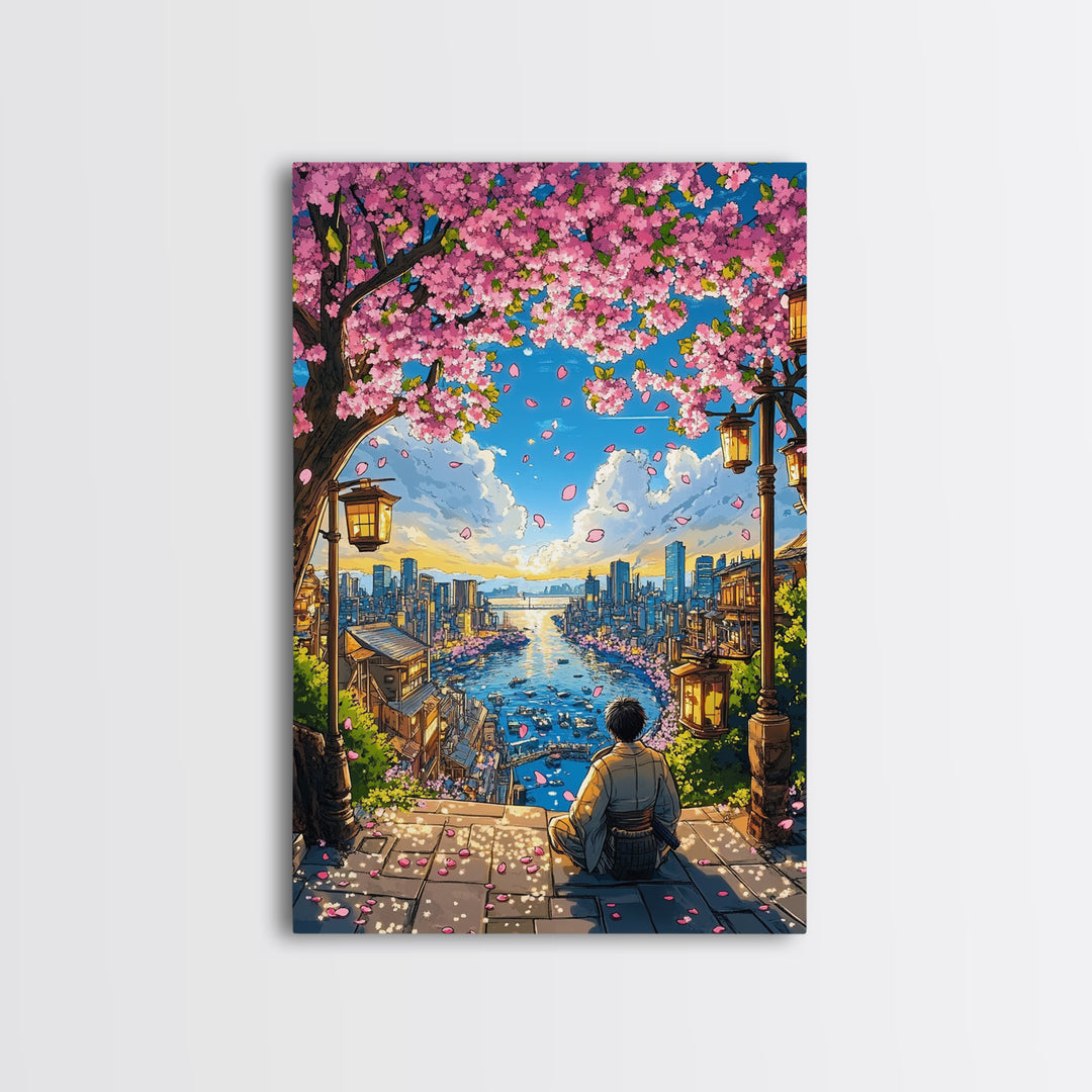 Cherry Blossom Harbor Meditation Wall Art, Japanese Anime Landscape Print, Sakura City Decor, Zen Living Room Decor, Home Decor Gift