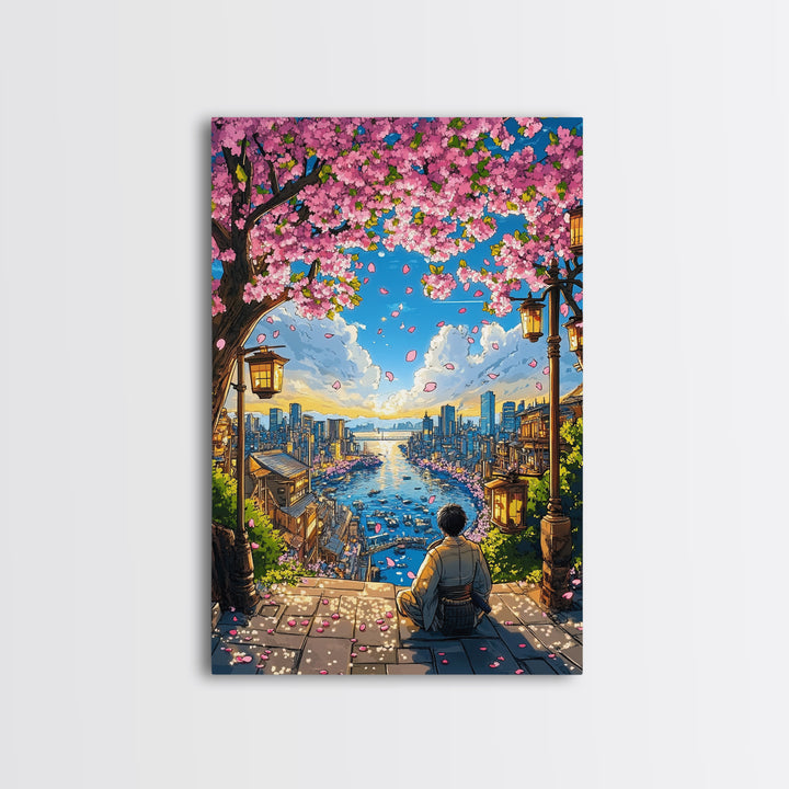 Cherry Blossom Harbor Meditation Wall Art, Japanese Anime Landscape Print, Sakura City Decor, Zen Living Room Decor, Home Decor Gift