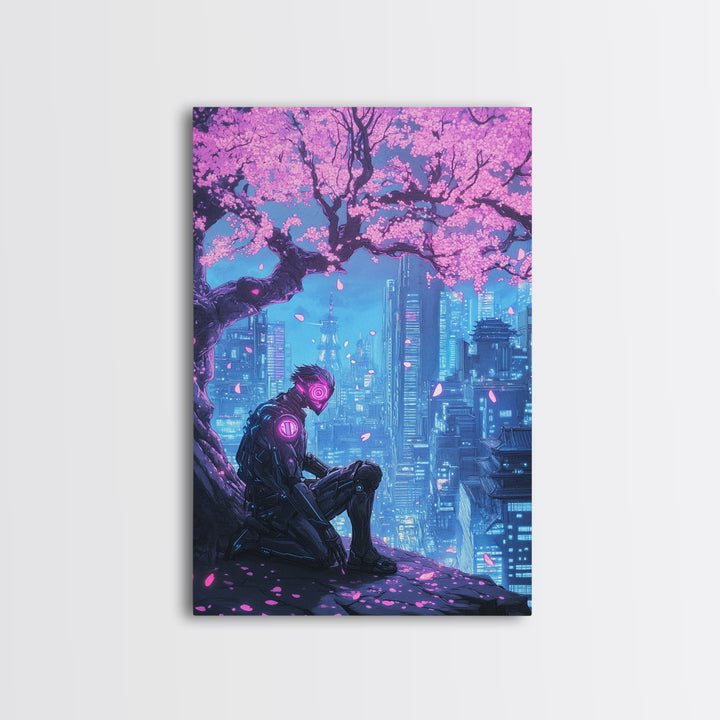 Cyberpunk Samurai Under Sakura Framed Canvas Print, Futuristic City Wall Art, Neon Sci Fi Decor, Gaming Room Wall Decor, Gift For Him