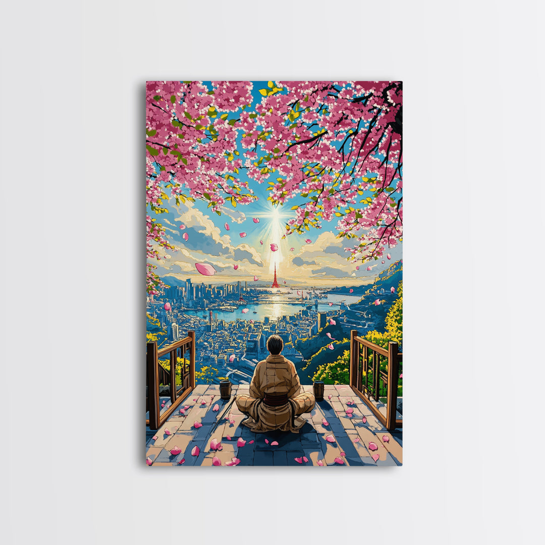 Cherry Blossom City Meditation Canvas Print, Japanese Sakura Landscape Wall Art, Zen Sunrise Decor, Modern Living Room Art